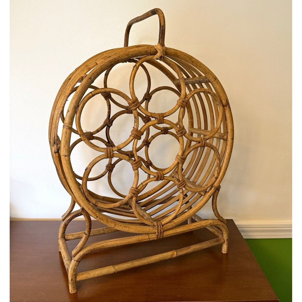 Rattan Bamboo Round Freestanding Wine Rack Bottle Holder Handle 7 Bottle 16" D
